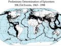 Epicentra trzęsień ziemi w latach 1963-1998 (fot. NASA)