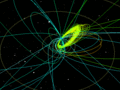 Orbity jasnych meteorów wyznaczone za pomocą automatycznej sieci obserwacyjnej NASA (15 grudnia 2014r.). Żółtym kolorem zaznaczono orbity obiektów z roju Geminidów. Źródło: http://www.spaceweather.com/